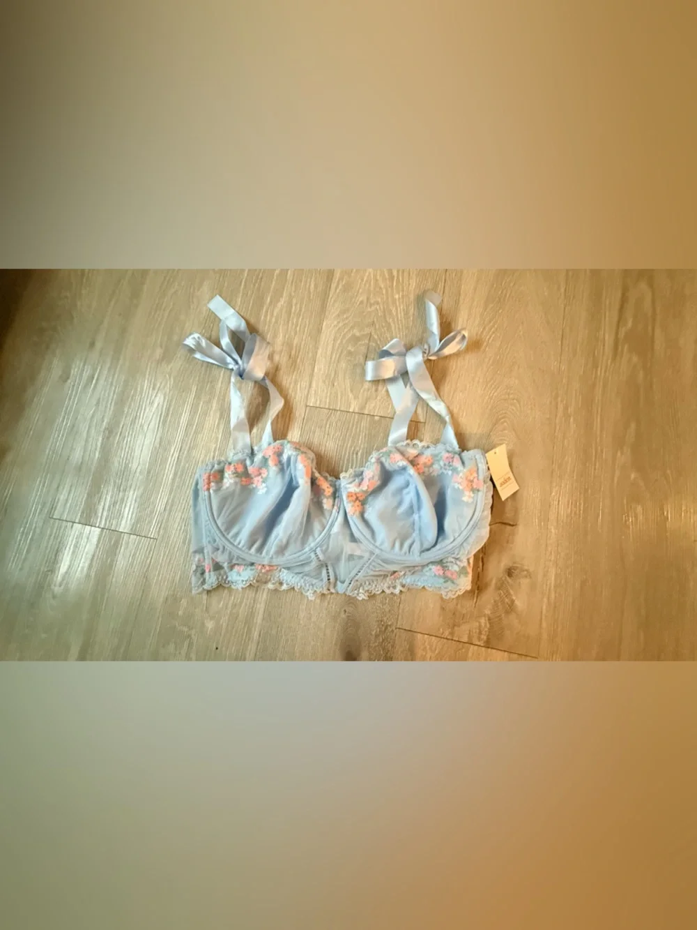 Light Blue Floral Lace Balconette Bra with Ribbon Straps - Picture 5 of 11